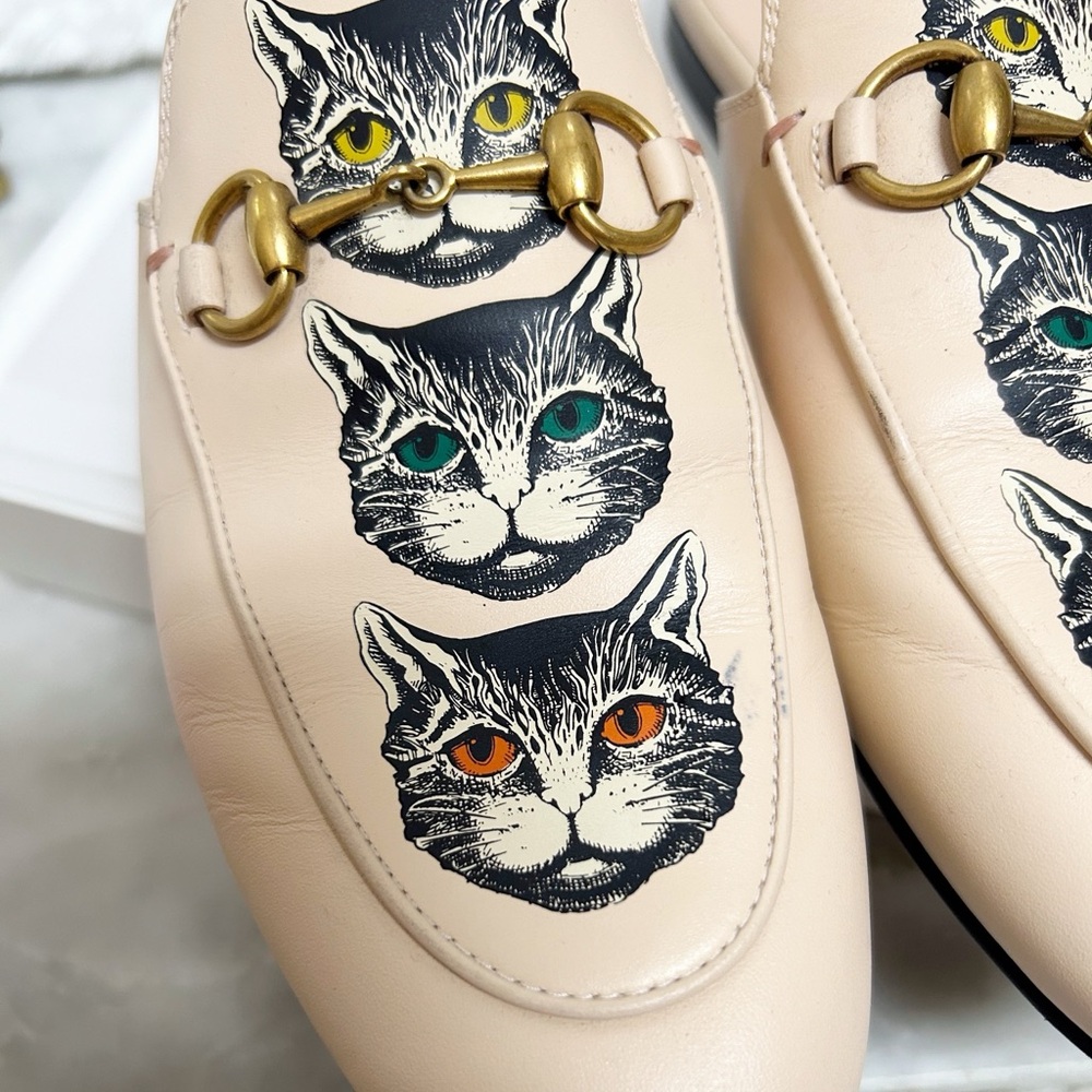 Authentic Gucci Cream / Pink Cat Embroidered Horsebit Leather Princetown Mules - Picture 7 of 14